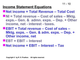 11 - 10
Copyright © by R. S. Pradhan. All rights reserved.
Income Statement Equations
Net income = Total Revenue – Total Cost
NI = Total revenue – Cost of sales – Mktg.
exps.– Gen. & admn. exps. – Dep. + Other
income, net - interest - taxes.
EBIT = Total revenue – Cost of sales –
Mktg. exps. – Gen. & adm. exps. – Dep. +
Other income, net
EBT = EBIT – Interest
Net income = EBIT – Interest – Tax
 