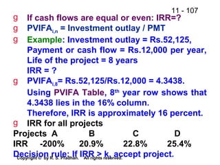 11 - 107
Copyright © by R. S. Pradhan. All rights reserved.
g If cash flows are equal or even: IRR=?
g PVIFAi,n = Investment outlay / PMT
g Example: Investment outlay = Rs.52,125,
Payment or cash flow = Rs.12,000 per year,
Life of the project = 8 years
IRR = ?
g PVIFAi,8= Rs.52,125/Rs.12,000 = 4.3438.
Using PVIFA Table, 8th
year row shows that
4.3438 lies in the 16% column.
Therefore, IRR is approximately 16 percent.
g IRR for all projects
Projects A B C D
IRR -200% 20.9% 22.8% 25.4%
Decision rule: If IRR > k, accept project.
 