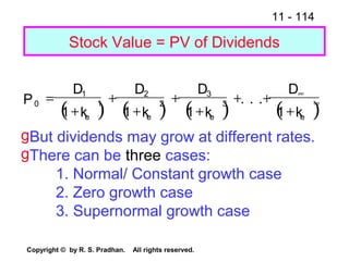11 - 114
Copyright © by R. S. Pradhan. All rights reserved.
( ) ( ) ( ) ( )
P
D
k
D
k
D
k
D
ke e e e
0
1
1
2
2
3
3
1 1 1 1
=
+
+
+
+
+
+ +
+
∞
∞. . .
gBut dividends may grow at different rates.
gThere can be three cases:
1. Normal/ Constant growth case
2. Zero growth case
3. Supernormal growth case
Stock Value = PV of Dividends
 