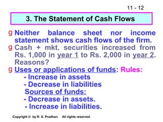 11 - 12
Copyright © by R. S. Pradhan. All rights reserved.
g Neither balance sheet nor income
statement shows cash flows of the firm.
g Cash + mkt. securities increased from
Rs. 1,000 in year 1 to Rs. 2,000 in year 2.
Reasons?
g Uses or applications of funds: Rules:
- Increase in assets
- Decrease in liabilities
Sources of funds:
- Decrease in assets.
- Increase in liabilities.
3. The Statement of Cash Flows
 