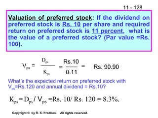 11 - 128
Copyright © by R. S. Pradhan. All rights reserved.
Valuation of preferred stock: If the dividend on
preferred stock is Rs. 10 per share and required
return on preferred stock is 11 percent, what is
the value of a preferred stock? (Par value =Rs.
100).
Vps = = =
Rs.10
0.11
Rs. 90.90
Dps
Kps
What’s the expected return on preferred stock with
Vps=Rs.120 and annual dividend = Rs.10?
Kps =Dps / Vps =Rs. 10/ Rs. 120 = 8.3%.
 