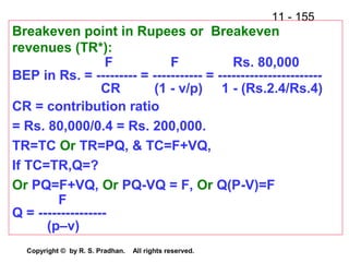 11 - 155
Copyright © by R. S. Pradhan. All rights reserved.
Breakeven point in Rupees or Breakeven
revenues (TR*):
F F Rs. 80,000
BEP in Rs. = --------- = ----------- = -----------------------
CR (1 - v/p) 1 - (Rs.2.4/Rs.4)
CR = contribution ratio
= Rs. 80,000/0.4 = Rs. 200,000.
TR=TC Or TR=PQ, & TC=F+VQ,
If TC=TR,Q=?
Or PQ=F+VQ, Or PQ-VQ = F, Or Q(P-V)=F
F
Q = ---------------
(p–v)
 