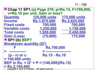 11 - 158
Copyright © by R. S. Pradhan. All rights reserved.
 Chap 11 SP1:(a) Page 279: p=Rs.15, F=700,000,
v=Rs.10 per unit. Gain or loss?
Quantity 125,000 units 175,000 units
Income Rs.1,875,000 Rs.2,625,000
Fixed costs 700,000 700,000
Variable costs 1,250,000 1,750,000
Total costs 1,950,000 2,450,000
Gain (Loss) (75,000) 175,000
 SP1:(b) BEP?
Breakeven quantity (Q*)
F Rs.700,000
= ------------- = --------------------
(p - v) or c Rs.15 - Rs.10
= 140,000 units
BEP in Rs. = Q* × P = (140,000)(Rs.15)
= Rs.2,100,000
 