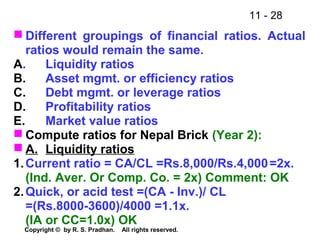 11 - 28
Copyright © by R. S. Pradhan. All rights reserved.
 Different groupings of financial ratios. Actual
ratios would remain the same.
A. Liquidity ratios
B. Asset mgmt. or efficiency ratios
C. Debt mgmt. or leverage ratios
D. Profitability ratios
E. Market value ratios
 Compute ratios for Nepal Brick (Year 2):
 A. Liquidity ratios
1.Current ratio = CA/CL =Rs.8,000/Rs.4,000=2x.
(Ind. Aver. Or Comp. Co. = 2x) Comment: OK
2.Quick, or acid test =(CA - Inv.)/ CL
=(Rs.8000-3600)/4000 =1.1x.
(IA or CC=1.0x) OK
 