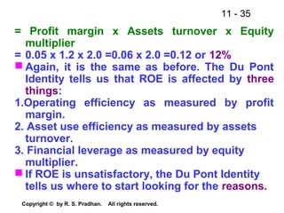 11 - 35
Copyright © by R. S. Pradhan. All rights reserved.
= Profit margin x Assets turnover x Equity
multiplier
= 0.05 x 1.2 x 2.0 =0.06 x 2.0 =0.12 or 12%
 Again, it is the same as before. The Du Pont
Identity tells us that ROE is affected by three
things:
1.Operating efficiency as measured by profit
margin.
2. Asset use efficiency as measured by assets
turnover.
3. Financial leverage as measured by equity
multiplier.
 If ROE is unsatisfactory, the Du Pont Identity
tells us where to start looking for the reasons.
 