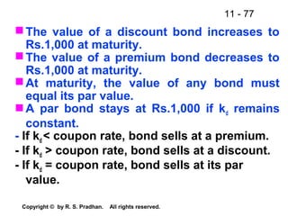 11 - 77
Copyright © by R. S. Pradhan. All rights reserved.
The value of a discount bond increases to
Rs.1,000 at maturity.
The value of a premium bond decreases to
Rs.1,000 at maturity.
At maturity, the value of any bond must
equal its par value.
A par bond stays at Rs.1,000 if kd remains
constant.
- If kd < coupon rate, bond sells at a premium.
- If kd > coupon rate, bond sells at a discount.
- If kd = coupon rate, bond sells at its par
value.
 