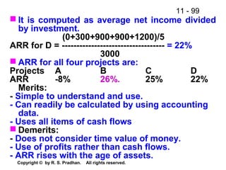 11 - 99
Copyright © by R. S. Pradhan. All rights reserved.
 It is computed as average net income divided
by investment.
(0+300+900+900+1200)/5
ARR for D = ----------------------------------- = 22%
3000
 ARR for all four projects are:
Projects A B C D
ARR -8% 26%. 25% 22%
Merits:
- Simple to understand and use.
- Can readily be calculated by using accounting
data.
- Uses all items of cash flows
 Demerits:
- Does not consider time value of money.
- Use of profits rather than cash flows.
- ARR rises with the age of assets.
 