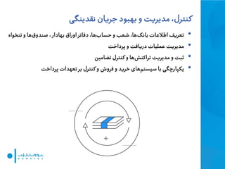 •‫بهادار‬ ‫اوراق‬ ‫دفاتر‬ ،‫ها‬‫حساب‬ ‫و‬ ‫شعب‬ ،‫ها‬‫بانک‬ ‫اطالعات‬ ‫تعریف‬،‫تنخواه‬ ‫و‬ ‫ها‬‫صندوق‬
•‫پرداخت‬ ‫و‬ ‫دریافت‬ ‫عملیات‬ ‫مدیریت‬
•‫تضامین‬ ‫کنترل‬ ‫و‬ ‫ها‬‫تراکنش‬ ‫مدیریت‬ ‫و‬ ‫ثبت‬
•‫پرداخت‬ ‫تعهدات‬ ‫بر‬ ‫کنترل‬ ‫و‬ ‫فروش‬ ‫و‬ ‫خرید‬ ‫های‬‫سیستم‬ ‫با‬ ‫یکپارچگی‬
‫کنترل‬‫نقدی‬ ‫جریان‬ ‫بهبود‬ ‫و‬ ‫مدیریت‬ ،‫نگی‬
 