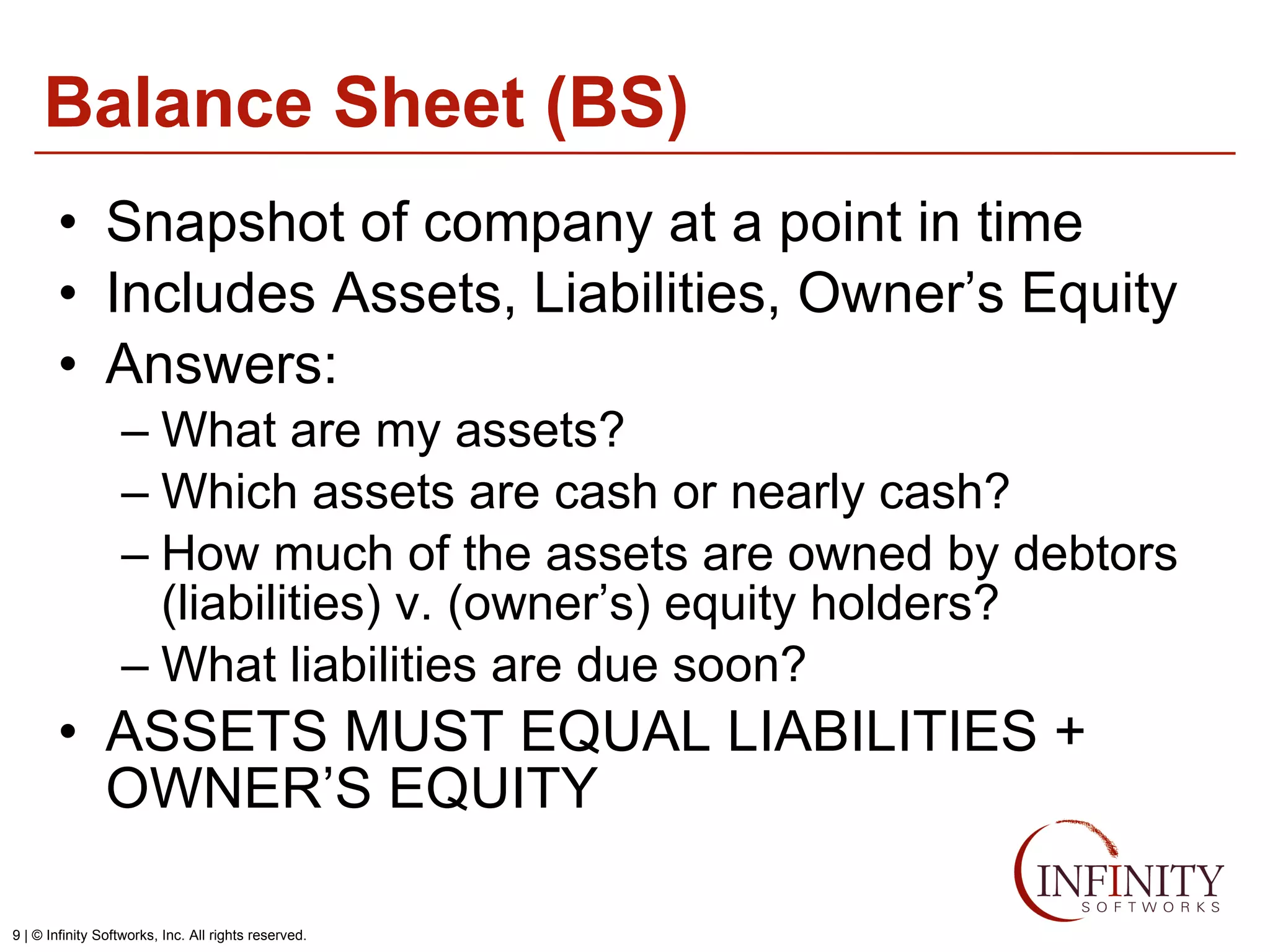 Balance Sheet (BS) Snapshot of company at a point in time Includes Assets, Liabilities, Owner’s Equity Answers:  What are my assets? Which assets are cash or nearly cash? How much of the assets are owned by debtors (liabilities) v. (owner’s) equity holders? What liabilities are due soon? ASSETS MUST EQUAL LIABILITIES + OWNER’S EQUITY 
