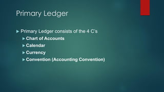 Primary Ledger
 Primary Ledger consists of the 4 C’s
 Chart of Accounts
 Calendar
 Currency
 Convention (Accounting C...