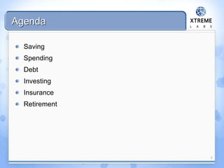 Agenda
Saving
Spending
Debt
Investing
Insurance
Retirement
2
 