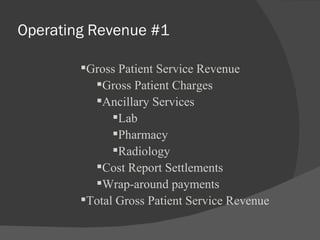Operating Revenue #1 Gross Patient Service Revenue Gross Patient Charges Ancillary Services Lab Pharmacy Radiology Cost Report Settlements Wrap-around payments Total Gross Patient Service Revenue 