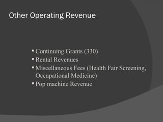 Other Operating Revenue Continuing Grants (330) Rental Revenues Miscellaneous Fees (Health Fair Screening, Occupational Medicine) Pop machine Revenue 