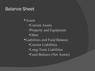 Balance Sheet Assets Current Assets Property and Equipment Other Liabilities and Fund Balance Current Liabilities Long-Term Liabilities Fund Balance (Net Assets) 