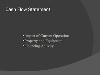 Cash Flow Statement Impact of Current Operations Property and Equipment Financing Activity 