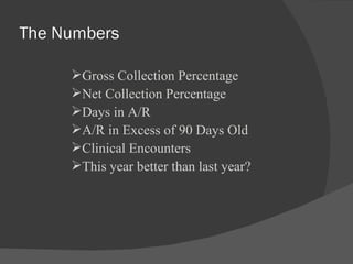 The Numbers Gross Collection Percentage Net Collection Percentage Days in A/R A/R in Excess of 90 Days Old Clinical Encounters This year better than last year? 