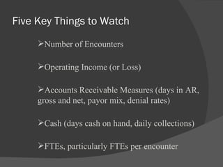 Five Key Things to Watch Number of Encounters Operating Income (or Loss) Accounts Receivable Measures (days in AR, gross and net, payor mix, denial rates) Cash (days cash on hand, daily collections) FTEs, particularly FTEs per encounter 
