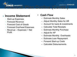    Income Statement                 • Cash Flow
    ◦   Start-up Expenses              –   Estimate Monthly Sales
    ◦   Forecast Revenue               –   Adjust Monthly Sales for AR
    ◦   Forecast Cost of Goods         –   Account for loans & investments
    ◦   Forecast Overhead Expenses     –   Calculate Total Receipts
    ◦   Revenue – Expenses = Net       –   Estimate Monthly Purchase
        Profit                         –   Adjust for AP
                                       –   Estimate Monthly Overheads
                                       –   Estimate Loan Repayment
                                       –   Forward Start-up Costs
                                       –   Calculate Disbursements




                                                                             5
 