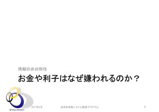 お金や利子はなぜ嫌われるのか？
情報の非対称性
2017年5月 5近未来金融システム創造プログラム
 