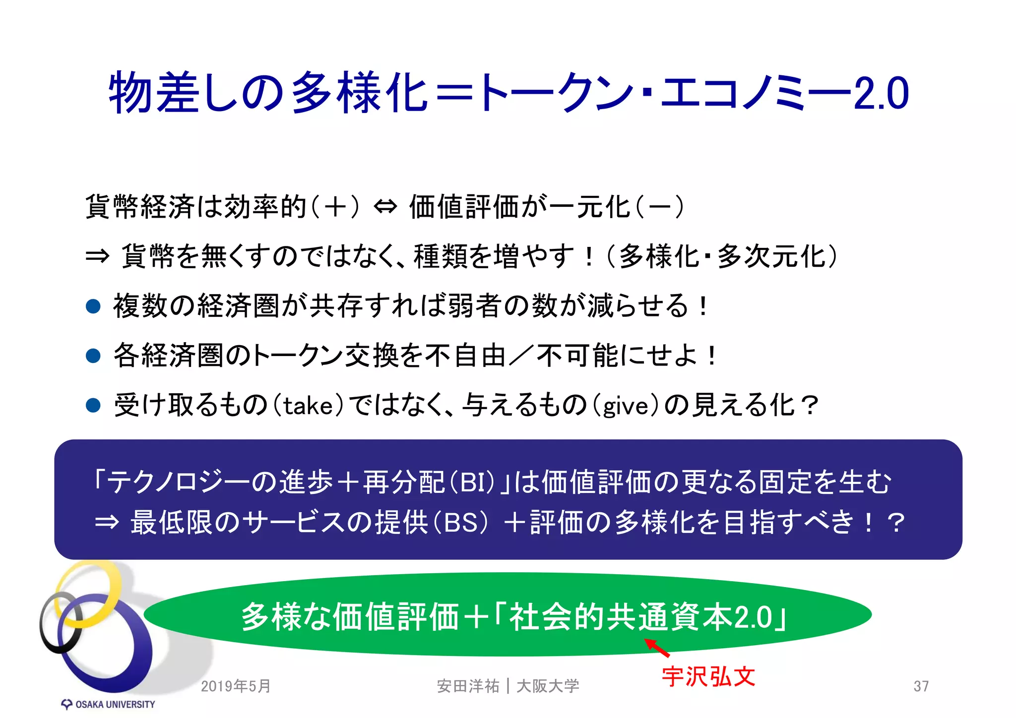 物差しの多様化＝トークン・エコノミー2.0
「テクノロジーの進歩＋再分配（BI）」は価値評価の更なる固定を生む
⇒ 最低限のサービスの提供（BS） ＋評価の多様化を目指すべき！？
貨幣経済は効率的（＋） ⇔ 価値評価が一元化（－）
⇒ 貨幣を無くすのではなく、種類を増やす！（多様化・多次元化）
 複数の経済圏が共存すれば弱者の数が減らせる！
 各経済圏のトークン交換を不自由／不可能にせよ！
 受け取るもの（take）ではなく、与えるもの（give）の見える化？
2019年5月 安田洋祐｜大阪大学 37
多様な価値評価＋「社会的共通資本2.0」
宇沢弘文
 