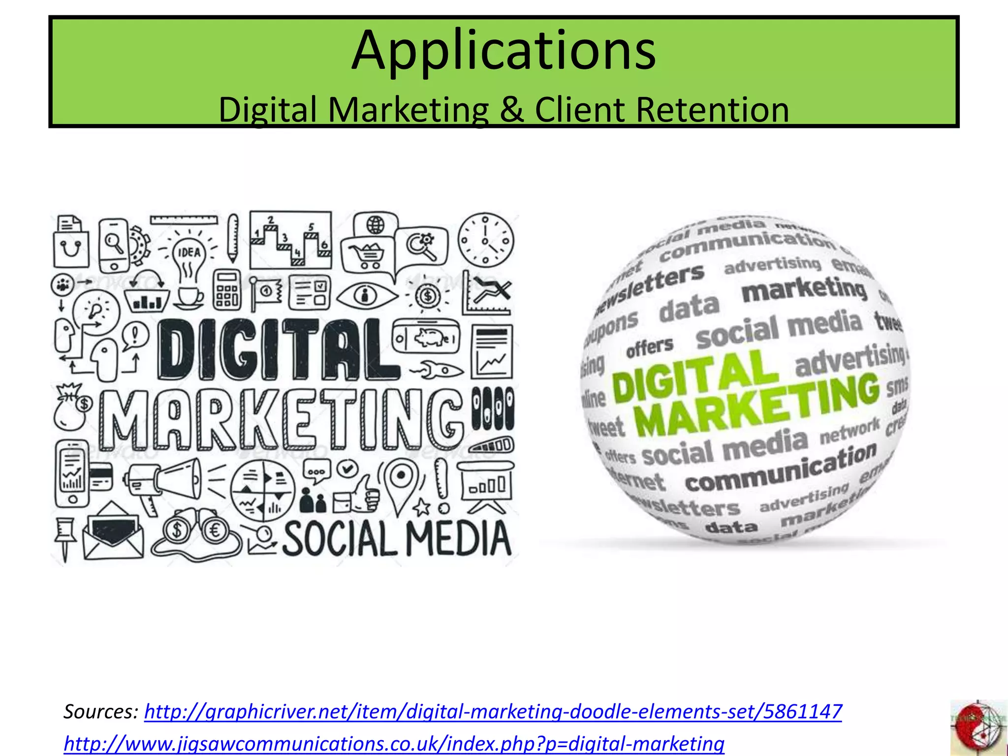 Applications
Digital Marketing & Client Retention
Sources: http://graphicriver.net/item/digital-marketing-doodle-elements-set/5861147
http://www.jigsawcommunications.co.uk/index.php?p=digital-marketing
 
