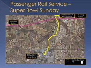 Passenger Rail Service –Super Bowl SundayCentreport/DFW Airport StationW. Irving StationHurst Bell StationCowboys  Stadium	Shuttle Bus Route	TRE