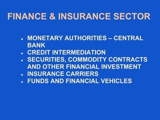 FINANCE & INSURANCE SECTOR
 MONETARY AUTHORITIES C CENTRAL
BANK
 CREDIT INTERMEDIATION
 SECURITIES, COMMODITY CONTRACTS
AND OTHER FINANCIAL INVESTMENT
 INSURANCE CARRIERS
 FUNDS AND FINANCIAL VEHICLES
 