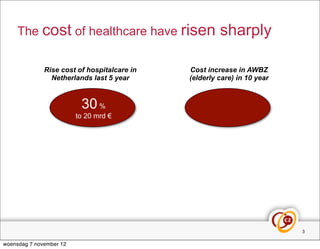 The cost of healthcare have risen                 sharply

              Rise cost of hospitalcare in   Cost increase in AWBZ
                Netherlands last 5 year      (elderly care) in 10 year


                          30 %
                         to 20 mrd €




                                                                         3

woensdag 7 november 12
 