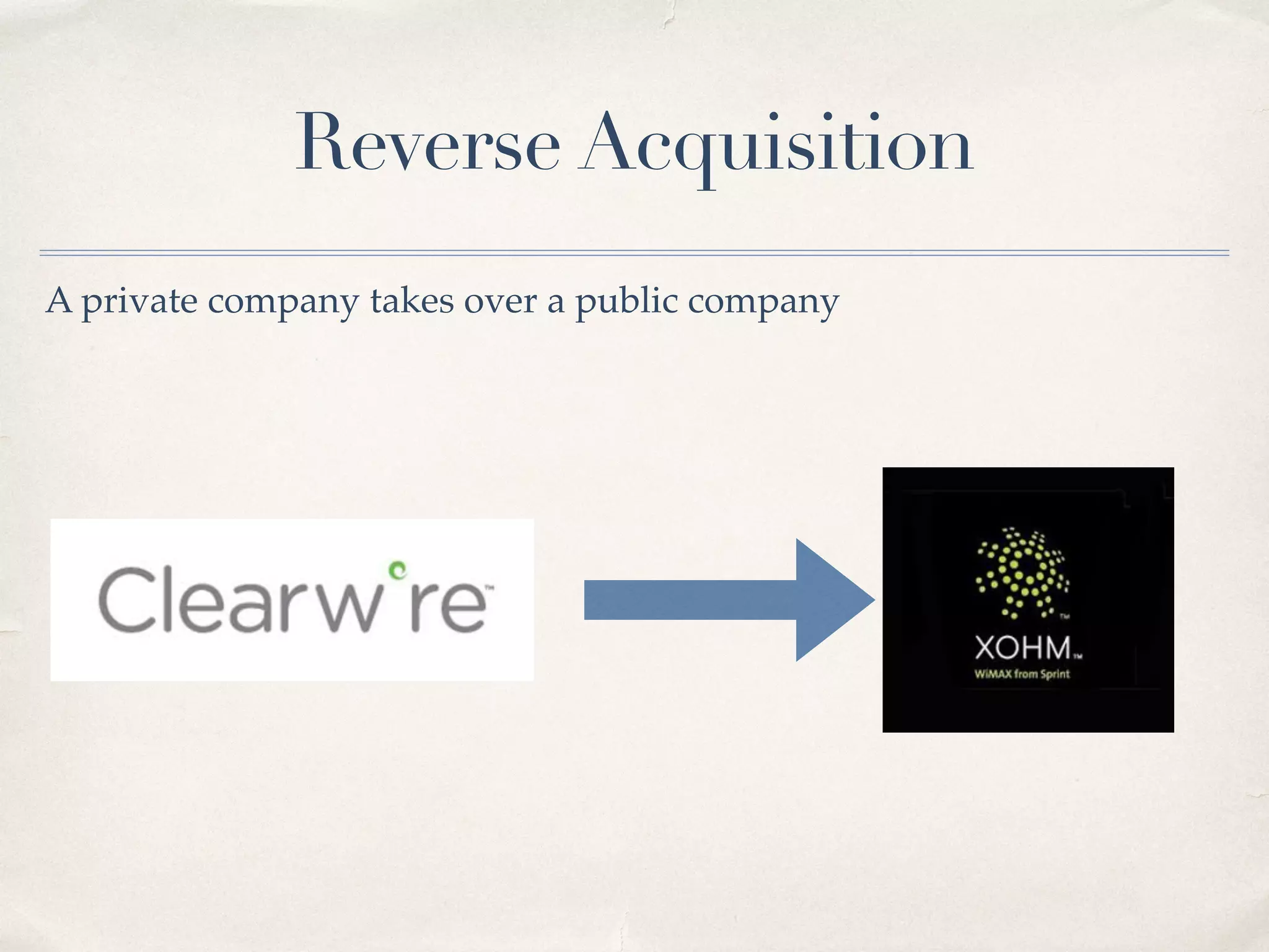Reverse Acquisition
A private company takes over a public company
 