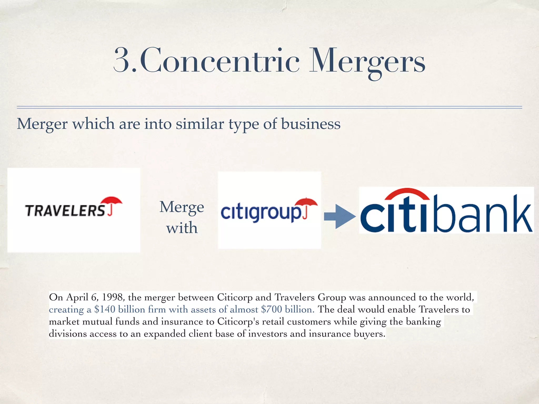 3.Concentric Mergers
Merger which are into similar type of business
On April 6, 1998, the merger between Citicorp and Travelers Group was announced to the world,
creating a $140 billion ﬁrm with assets of almost $700 billion. The deal would enable Travelers to
market mutual funds and insurance to Citicorp's retail customers while giving the banking
divisions access to an expanded client base of investors and insurance buyers.
Merge
with
 