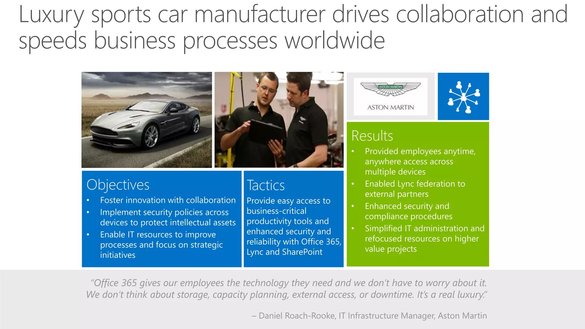 Luxury sports car manufacturer drives collaboration and
speeds business processes worldwide
FPO

Results
•

Objectives
•
•
•

Foster innovation with collaboration
Implement security policies across
devices to protect intellectual assets
Enable IT resources to improve
processes and focus on strategic
initiatives

Tactics
Provide easy access to
business-critical
productivity tools and
enhanced security and
reliability with Office 365,
Lync and SharePoint

•
•
•

Provided employees anytime,
anywhere access across
multiple devices
Enabled Lync federation to
external partners
Enhanced security and
compliance procedures
Simplified IT administration and
refocused resources on higher
value projects

“Office 365 gives our employees the technology they need and we don’t have to worry about it.
We don’t think about storage, capacity planning, external access, or downtime. It’s a real luxury.”
– Daniel Roach-Rooke, IT Infrastructure Manager, Aston Martin

 