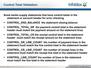 © 2007 Infoblox Inc. All Rights Reserved.11
Control Total Validation
Some banks supply statements that have control totals in the
statement or account header for error checking
§ CONTROL_END_BALANCE the statement closing balance
§ CONTROL_TOTAL_DR the payment control total in the statement
header must match the payment amount on the statement lines
§ CONTROL_TOTAL_CR the receipt control total in the statement
header must match the receipt amount on the statement lines
§ CONTROL_DR_LINE_COUNT the number of payment lines in the
statement must match the line control total in the statement header
§ CONTROL_CR_LINE_COUNT the number of receipt lines in the
statement must match the receipt line total in the statement header
§ CONTROL_LINE_COUNT the number of lines in the statement
must match the line total in the statement header
 