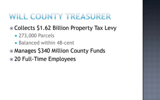  Collects   $1.62 Billion Property Tax Levy
     273,000 Parcels
     Balanced within 48-cent
 Manages  $340 Million County Funds
 20 Full-Time Employees
 