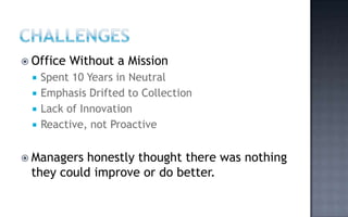  Office   Without a Mission
    Spent 10 Years in Neutral
    Emphasis Drifted to Collection
    Lack of Innovation
    Reactive, not Proactive


 Managers honestly thought there was nothing
 they could improve or do better.
 