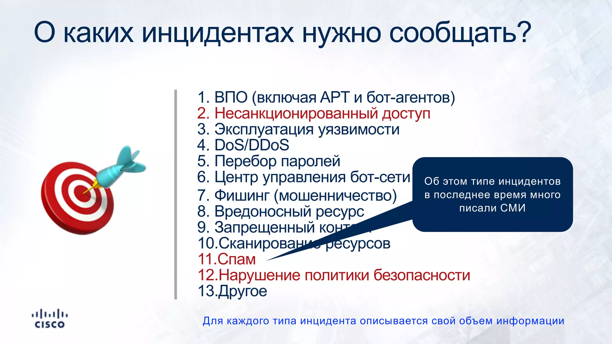 О каких инцидентах нужно сообщать?
1. ВПО (включая APT и бот-агентов)
2. Несанкционированный доступ
3. Эксплуатация уязвимости
4. DoS/DDoS
5. Перебор паролей
6. Центр управления бот-сети
7. Фишинг (мошенничество)
8. Вредоносный ресурс
9. Запрещенный контент
10.Сканирование ресурсов
11.Спам
12.Нарушение политики безопасности
13.Другое
Для каждого типа инцидента описывается свой объем информации
! Об этом типе инцидентов
в последнее время много
писали СМИ
 