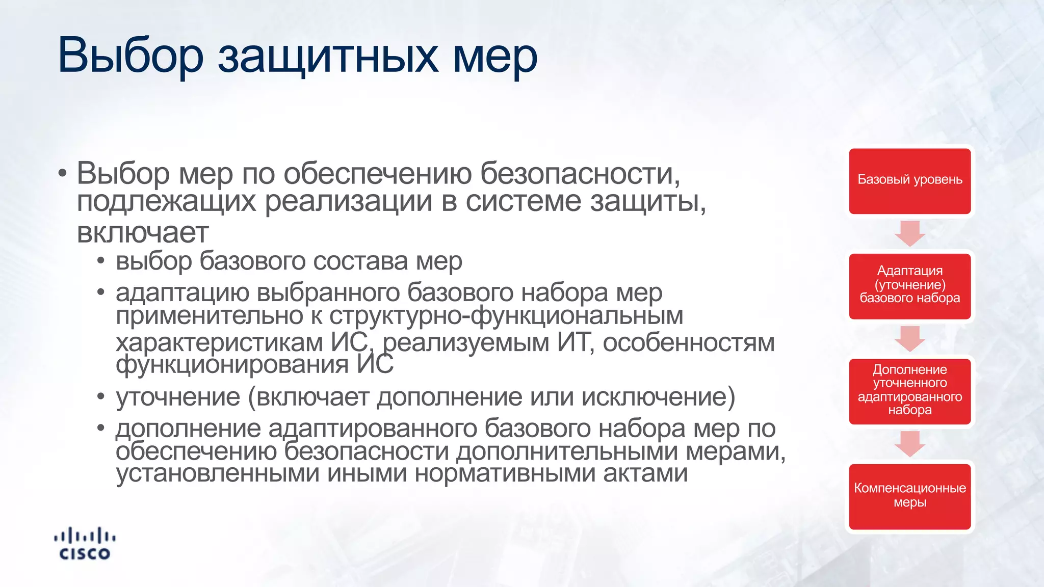 Выбор защитных мер
• Выбор мер по обеспечению безопасности,
подлежащих реализации в системе защиты,
включает
• выбор базового состава мер
• адаптацию выбранного базового набора мер
применительно к структурно-функциональным
характеристикам ИС, реализуемым ИТ, особенностям
функционирования ИС
• уточнение (включает дополнение или исключение)
• дополнение адаптированного базового набора мер по
обеспечению безопасности дополнительными мерами,
установленными иными нормативными актами
Базовый уровень
Адаптация
(уточнение)
базового набора
Дополнение
уточненного
адаптированного
набора
Компенсационные
меры
 