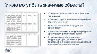 У кого могут быть значимые объекты?
• 31 финансовая организация с участием
государства
• 1 банк как стратегическое предприятие и
стратегическое АО
• 11 системно значимых кредитных
организаций
• 4 системно значимые инфраструктурные
организации финансового рынка
• 8 операторов услуг платежной
инфраструктуры системно и (или)
социально значимых (но не национально
значимых) платежных систем
 