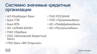 Системно значимые кредитные
организации
• АО ЮниКредит Банк
• Банк ГПБ
• Банк ВТБ
• АО «АЛЬФА-БАНК»
• ПАО Сбербанк
• ПАО «Московский Кредитный
Банк»
• ПАО Банк «ФК Открытие»
• ПАО РОСБАНК
• ПАО «Промсвязьбанк»
• АО «Райффайзенбанк»
• АО «Россельхозбанк»
Оценка автора
 