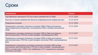 Сроки
Требование Сроки
Сертификация прикладного ПО или оценка уязвимостей по ОУД4 01.01.2020
Пентесты и анализ уязвимостей объектов информационной инфраструктуры 01.07.2018
Разделение контуров 01.01.2020
Применение в значимых платежных системах HSM на базе иностранных
криптографических алгоритмов, согласованных ФСБ, и вообще иностранных
СКЗИ
01.01.2024
Применение в значимых платежных системах HSM на базе иностранных
криптоалгоритмов и ГОСТов по криптографии, подтвержденных ФСБ
01.01.2031
Применение в значимых платежных системах СКЗИ на базе иностранных
криптоалгоритмов и ГОСТов по криптографии (исключая HSM), подтвержденных
ФСБ
01.01.2031
Применение в национально значимых платежных системах HSM на базе
иностранных криптоалгоритмов и ГОСТов по криптографии, подтвержденных
ФСБ, в соответствие с 3342-У про требования к ИТ в национально значимых
платежных системах
01.01.2031
 