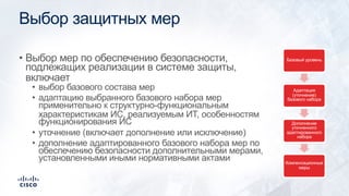 Выбор защитных мер
• Выбор мер по обеспечению безопасности,
подлежащих реализации в системе защиты,
включает
• выбор базового состава мер
• адаптацию выбранного базового набора мер
применительно к структурно-функциональным
характеристикам ИС, реализуемым ИТ, особенностям
функционирования ИС
• уточнение (включает дополнение или исключение)
• дополнение адаптированного базового набора мер по
обеспечению безопасности дополнительными мерами,
установленными иными нормативными актами
Базовый уровень
Адаптация
(уточнение)
базового набора
Дополнение
уточненного
адаптированного
набора
Компенсационные
меры
 