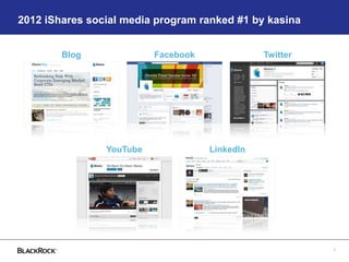 7
2012 iShares social media program ranked #1 by kasina
Blog Facebook Twitter
YouTube LinkedIn
 