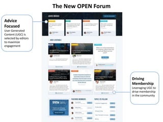 Advice
Focused
User Generated
Content (UGC) is
selected by editors
to maximize
engagement
Driving
Membership
Leveraging UGC to
drive membership
in the community
The New OPEN Forum
 