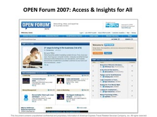 This document contains unpublished confidential and proprietary information of American Express Travel Related Services Company, Inc. All rights reserved.
OPEN Forum 2007: Access & Insights for All
 