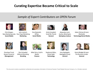 This document contains unpublished confidential and proprietary information of American Express Travel Related Services Company, Inc. All rights reserved.
Guy Kawasaki,
AllTop
Social Media
Stephanie Miles,
Street Fight
Technology
Dan Schawbel
Millenial Branding
Branding
Chris Brogan,
New Marketing Labs
Social Media
Jane Applegate,
Applegate Group
General
Alexandra Levit,
Author, Blind Spots
Workplace Culture
Mike Periu, EcoFin
Media
Finance
Penelope Trunk
Brazen Careerist
Management
Anita Campbell,
Small Biz Trends
General
Adam Ostrow & team
Mashable
Technology/Social Media
Henry Blodget & team
The Business Insider
General
John Jantsch,
Duct Tape Marketing
Marketing
Sample of Expert Contributors on OPEN Forum
Curating Expertise Became Critical to Scale
 