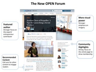 The New OPEN Forum
More visual
power
Stronger
emphasis on
imagery
Community
Highlights
Strong focus on
the article page to...