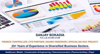 SANJAY BOKADIA
FCA, LLB, M.COM, B.COM
FINANCE CONTROLLER | CFO PARTNER | BOARD OBSERVER | SPECIAL/AD-HOC PROJECT
25+ Years of Experience in Diversified Business Sectors
Healthcare | Metals | Construction & Engineering | Telecommunication | Pharma Ancillary | Paper
 