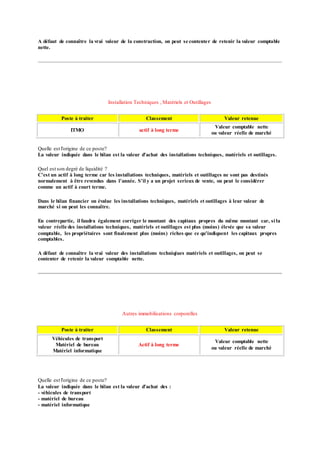 A défaut de connaître la vrai valeur de la construction, on peut se contenter de retenir la valeur comptable
nette.
Installation Techniques , Matériels et Outillages
Poste à traiter Classement Valeur retenue
ITMO actif à long terme
Valeur comptable nette
ou valeur réelle de marché
Quelle est l'origine de ce poste?
La valeur indiquée dans le bilan est la valeur d'achat des installations techniques, matériels et outillages.
Quel est son degré de liquidité ?
C'est un actif à long terme car les installations techniques, matériels et outillages ne sont pas destinés
normalement à être revendus dans l'année. S'il y a un projet serieux de vente, on peut le considérer
comme un actif à court terme.
Dans le bilan financier on évalue les installations techniques, matériels et outillages à leur valeur de
marché si on peut les connaître.
En contrepartie, il faudra également corriger le montant des capitaux propres du même montant car, si la
valeur réelle des installations techniques, matériels et outillages est plus (moins) élevée que sa valeur
comptable, les propriétaires sont finalement plus (moins) riches que ce qu'indiquent les capitaux propres
comptables.
A défaut de connaître la vrai valeur des installations techniqiues matériels et outillages, on peut se
contenter de retenir la valeur comptable nette.
Autres immobilisations corporelles
Poste à traiter Classement Valeur retenue
Véhicules de transport
Matériel de bureau
Matériel informatique
Actif à long terme
Valeur comptable nette
ou valeur réelle de marché
Quelle est l'origine de ce poste?
La valeur indiquée dans le bilan est la valeur d'achat des :
- véhicules de transport
- matériel de bureau
- matériel informatique
 