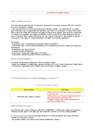 restent dans les capitaux propres
Quelle est l'origine de ce poste?
Sous leurs diverses particularités, les provisions régementées ont un point commun: elles ont le caractère
de réserves non libérées d'impôt.
- elles sont constituées en vertu de textes particuliers destinés à donner "un cadeau fiscal" à certaines
types d'entreprise qui s'engagent dans des opérations que l'Etat veut encourager; le cadeau fiscal réside
dans la baisse de l'impôt qui résulte de l'inscription en charge d'une dotation pour provision réglementée.
- ce cadeau n'est cependant pas complet ou définitif; en effet, au bout d'un certain temps prévu par les
textes, l'entreprise devra annuler la provision par une "reprise sur provision" qui constitue un produit; à
l'occasion de cette reprise, le résultat augmentera et l'impôt sur le bénéfice augmentera.
On connaît:
- les provisions pour reconstitution des gisements miniers et pétroliers,
- les provisions pour investissement constituables par les entreprises qui ont mis en place des régimes de
participation,
- les provisions pour hausse de prix
- les amortissements dérogatoires
- les provisions fiscales pour implantation à l'étranger
- les provisions spéciales (entreprise de presse, assurances ...)
Quel est son degré d'exigibilité ?
Le montant des provisions réglementées doit être partagé en deux:
- la part correspondant à l'impôt latent constitue une dette (à CT ou LT selon l'échéance de l'impôt latent)
- les provisions réglementées nettes d'impôt latent restent dans les capitaux propres.
Pour toute remarque sur cesupport pédagogique , s'adresser à:
X. Berterretche, IUTBayonne
Provisions pour risques et charges
Poste à traiter Classement
Provisions pour risques et charges
- Dettes (à LT ou à CT) pour la part correspondant
à un risque réel
- Dettes (à LT ou à CT) pour l'impôt latent lié à la
part de la provision sans risque réel
- Capitaux propres pour la part de la provision
réelle nette d'impôt latent
Quelle est l'origine de ce poste?
Une provision pour risque et charges est destinée à comptabiliser en charges des risques ou des charges,
nettement précisés quant à leur objet, que des événements survenus ou en cours rendent probables.
Les provisions pourrisques sont inscrites pour diminuer le résultat du montant des risques inhérents à
l'activité de l'entreprises, tels que
- des garanties données aux clients et qu'il faudra probablement honorer,
 
