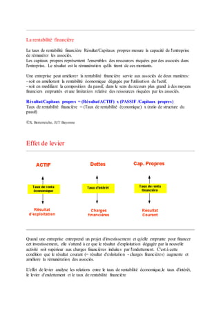 La rentabilité financière
Le taux de rentabilité financière Résultat/Capitaux propres mesure la capacité de l'entreprise
de rémunérer les associés.
Les capitaux propres représentent l'ensembles des ressources risquées par des associés dans
l'entreprise. Le résultat est la rémunération qu'ils tirent de ces montants.
Une entreprise peut améliorer la rentabilité financière servie aux associés de deux manières:
- soit en améliorant la rentabilité économique dégagée par l'utilisation de l'actif,
- soit en modifiant la composition du passif, dans le sens du recours plus grand à des moyens
financiers empruntés et une limitation relative des ressources risquées par les associés.
Résultat/Capitaux propres = (Résultat/ACTIF) x (PASSIF /Capitaux propres)
Taux de rentabilité financière = (Taux de rentabilité économique) x (ratio de structure du
passif)
©X. Berterretche, IUT Bayonne
Effet de levier
Quand une entreprise entreprend un projet d'investissement et qu'elle emprunte pour financer
cet investissement, elle s'attend à ce que le résultat d'exploitation dégagée par la nouvelle
activité soit supérieur aux charges financières induites par l'endettement. C'est à cette
condition que le résultat courant (= résultat d'exloitation - charges financières) augmente et
améliore la rémunération des associés.
L'effet de levier analyse les relations entre le taux de rentabilité économique,le taux d'intérêt,
le levier d'endettement et le taux de rentabilité financière
 
