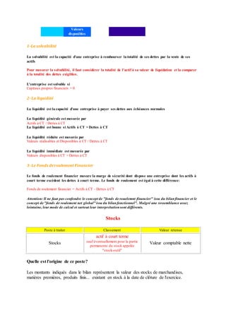 Valeurs
disponibles
1-La solvabilité
La solvabilité est la capacité d'une entreprise à rembourser la totalité de ses dettes par la vente de ses
actifs
Pour mesurer la solvabilité, il faut considérer la totalité de l'actif à sa valeur de liquidation et la comparer
à la totalité des dettes exigibles.
L'entreprise est solvable si
Capitaux propres financiers > 0
2-La liquidité
La liquidité est la capacité d'une entreprise à payer ses dettes aux échéances normales
La liquidité générale est mesurée par
Actifs à CT / Dettes à CT
La liquidité est bonne si Actifs à CT > Dettes à CT
La liquidité réduite est mesurée par
Valeurs réalisables et Disponibles à CT / Dettes à CT
La liquidité immédiate est mesurée par
Valeurs disponibles à CT > Dettes à CT
3-Le Fonds deroulement Financier
Le fonds de roulement financier mesure la marge de sécurité dont dispose une entreprise dont les actifs à
court terme excèdent les dettes à court terme. Le fonds de roulement est égal à cette différence:
Fonds de roulement financier = Actifs à CT - Dettes à CT
Attention: Il ne faut pas confondre le concept de "fonds de rouelemnt financier" issu du bilanfinancier et le
concept de "fonds de roulement net global"issu du bilanfonctionnel". Malgré une ressemblance assez
lointaine, leur mode de calcul et surtout leur interprétationsont différents.
Stocks
Poste à traiter Classement Valeur retenue
Stocks
actif à court terme
sauf éventuellement pour la partie
permanente du stock appelée
"stock-outil"
Valeur comptable nette
Quelle est l'origine de ce poste?
Les montants indiqués dans le bilan représentent la valeur des stocks de marchandises,
matières premières, produits finis... existant en stock à la date de clôture de l'exercice.
 